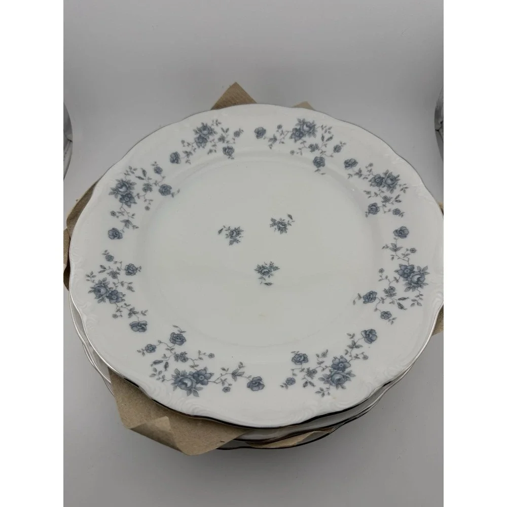 Johann Haviland Bavaria‎ Plates Blue Floral Silver Rim Set of 4